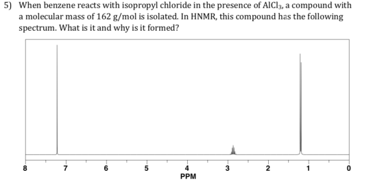5) When benzene reacts with isopropyl chloride in the presence of AlCl3, a compound with a molecular mass of 162 g/mol is iso