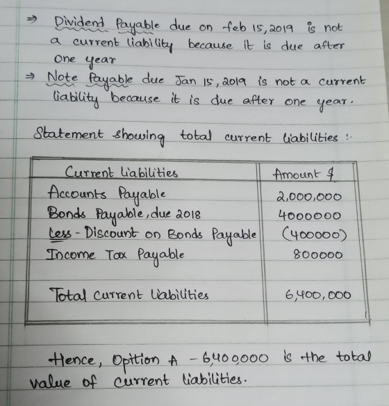 > Dividend payable due on feb 15, 2019 is not a current liability because it is due after one year → Note Payable due Jan 15,