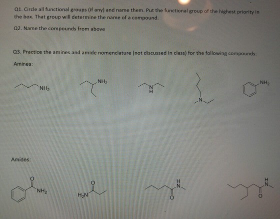 Q1. Circle all functional groups (if any) and name them. Put the functional group of the highest priority in the box. That group will determine the name of a compound 02. Name the compounds from above Q3. Practice the amines and amide nomenclature (not discussed in class for the following compounds: Amines NH NH2 Amides: H2N
