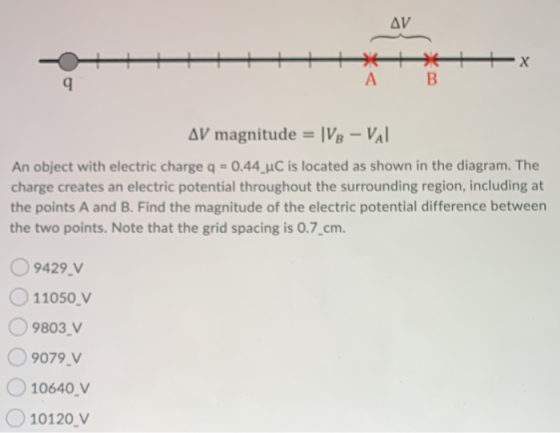 AV tx 9 А В AV magnitude 1V8 - VAI An object with electric charge q = 0.44 uC is located as shown in the diagram. The charge