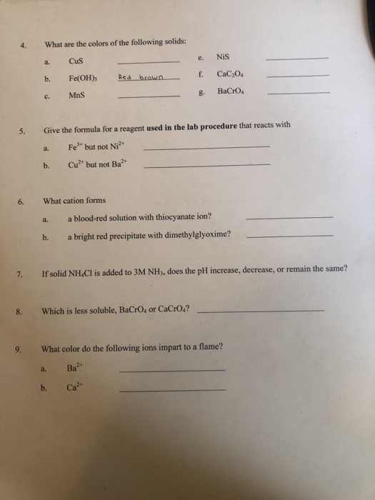What are the colors of the following solids: a. CusS b. Fe(OH), Res brawn c. MnS 4. e. Nis Caco, g. BaCrO4 f 5. Give the form