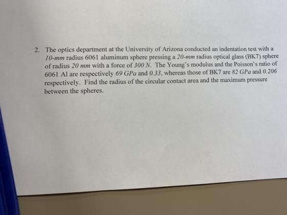 The optics department at the University of Arizona conducted an indentation test with a 10-mm radius 6061 aluminum sphere pre