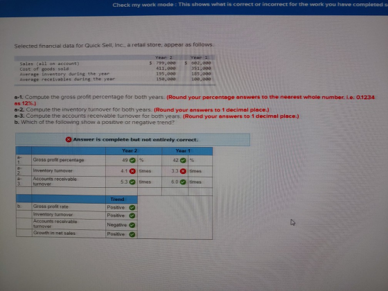 Check my work mode: This shows what is correct or incorrect for the work you have completed s Selected financial data for Qui