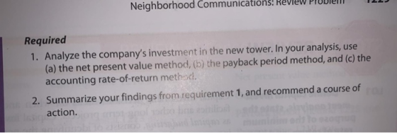 Neighborhood Communications: Review PIUven ILJ Required 1. Analyze the companys investment in the new tower. In your analysi