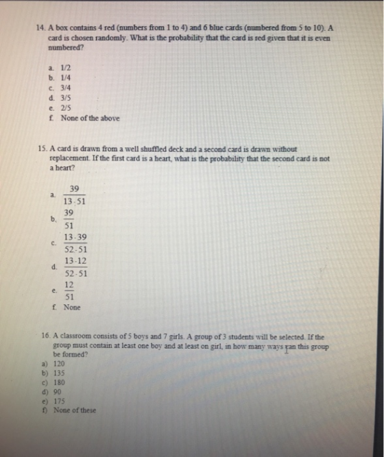 14. A box contains 4 red (numbers from 1 to 4) and 6 blue cards (numbered from 5 to 10). A card is chosen randomly. What is t