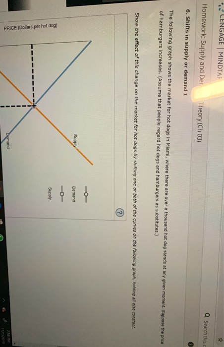 LENGAGE MINDTAP Homework: Supply and Der Q Search this c Theory (Ch 03) 6. Shifts in supply or demand I The following graph s