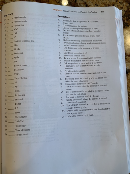 Chapter 11 Special Collections Care Testing 219 Key Terms Hypokalemia Hyponatremia Hypoxemia ica Descriptions A B. Aber a mea