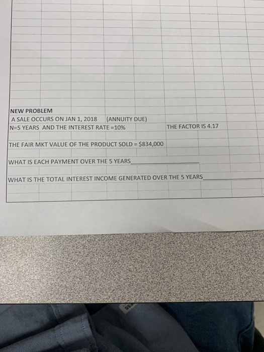 NEW PROBLEM A SALE OCCURS ON JAN 1, 2018 (ANNUITY DUE) N=5 YEARS AND THE INTEREST RATE = 10% THE FACTOR IS 4.17 THE FAIR MKT