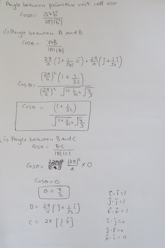 Angle botween primitive unit cell are Coso ab Tal15) i Angle between A and B Coso = AB TALIB pat (ſt te k). 2.4(945) () (1+