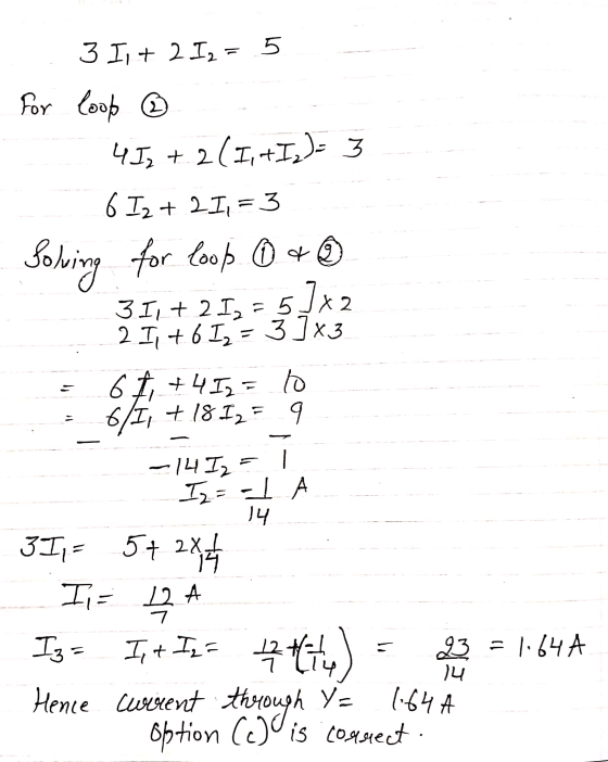3 Il + 2 I2 = 5 2 for loop 417 + 2(1,+I,)- 3 6 I2 + 21, = 3 Solving for loop 6 a 3 I + 2 Iz Ix2 21, +61= 3]*3 61 +41% = 10 6/