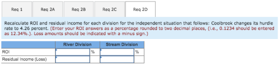 Reg 1 Req 2A Reg 2B Req 20 Reg 2D Recalculate ROI and residual income for each division for the independent situation that fo