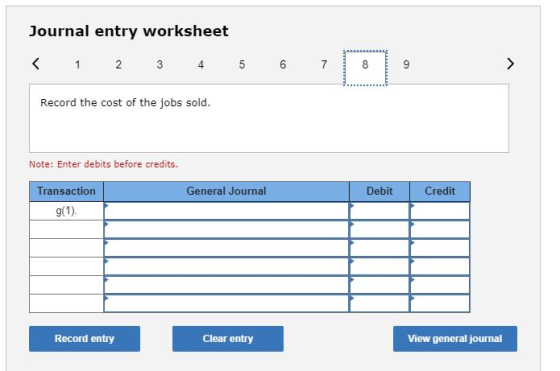 Journal entry worksheet < 1 2 3 4 5 6 7 8 9 Record the cost of the jobs sold. Note: Enter debits before credits. General Jour