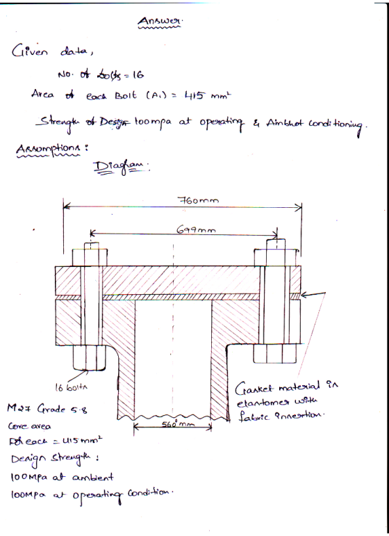 Answer Given dala, No ot osl6 Arca each Bolt (A) : 4I5 mm Strengt oDest toompa at opaing a Anthot ondi ARNOmptonA Diafam 760m
