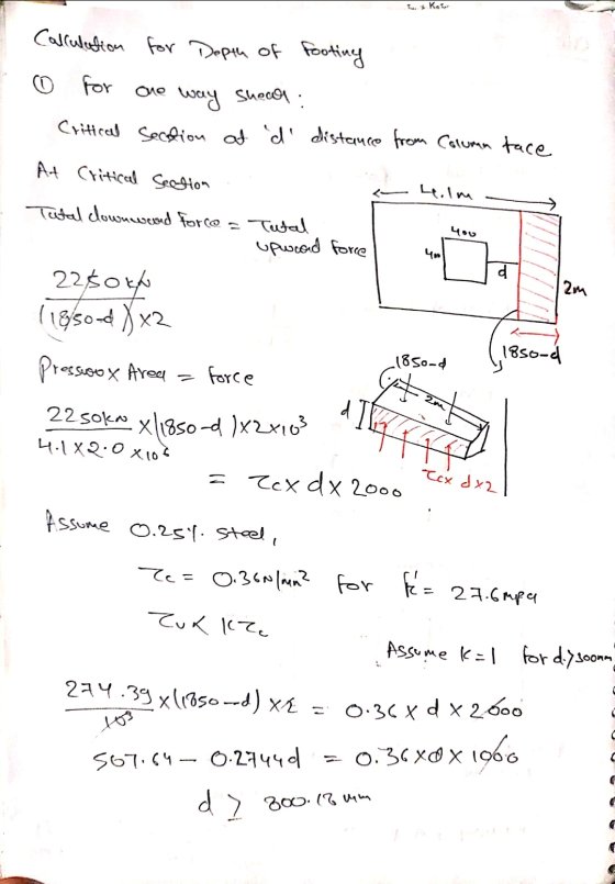 1. Kate Calculation for Depth of footing o for one way Shear Critical section at d distance from Columm tace At Critical Se
