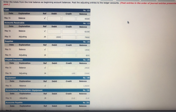 Enter the totals from the trial balance as beginning account balances. Post the adjusting entries to the ledger accounts. (Po