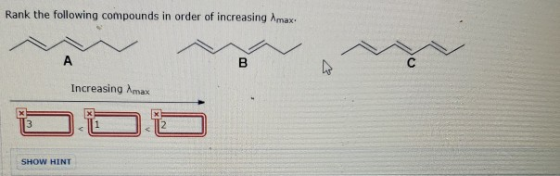 Rank the following compounds in order of increasing Amax Increasing Amax SHOW HINT