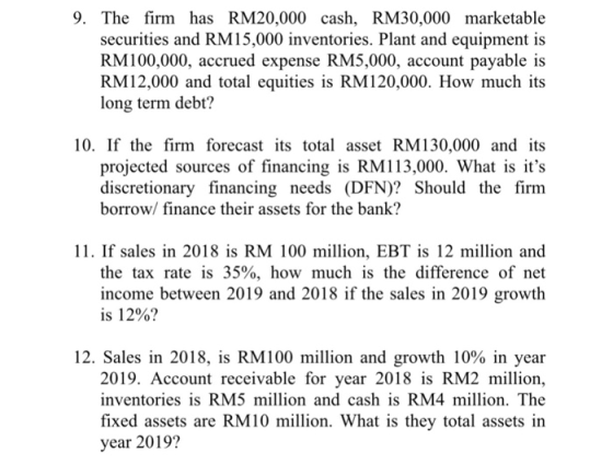 9. The firm has RM20,000 cash, RM30,000 marketable securities and RM15,000 inventories. Plant and equipment is RM100,000, acc
