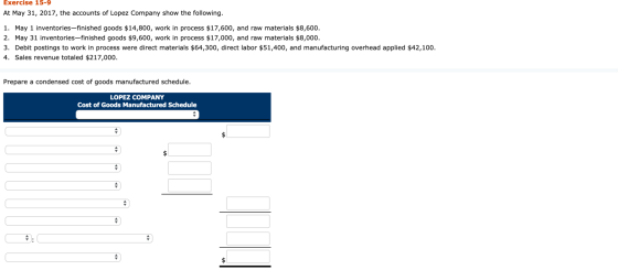 Exercise 15-9 At May 31, 2017, the accounts of Lopez Company show the following. 1. May 1 inventories-finished goods $14,800,
