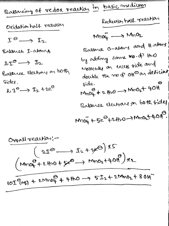 Balancing of redox reaction in basic medium Reduction halk reathan Oxidation half recusan IO Iz Balance I-alang 21° Iz Balanc