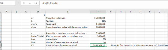 F11 =PV(F9,F10, - F8) fox А В E G Н J К L Amount of lotter won $1,000,000 b Tax Rate 40% Taxes paid cEa*b $400,000 Amount rec