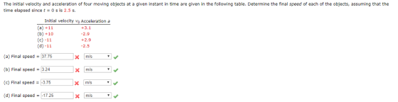 The initial velocity and acceleration of four moving objects at a given instant in time are given in the following table. Determine the final speed of each of the objects, assuming that the time elapsed since t0 s is 2.5 s Initial velocity vo Acceleration a +3.1 2.9 +2.9 2.5 (b) +10 (a) Final speed 37.75 (b) Final speed 3.24 (c) Final speed-3.75 (d) Final speed1725