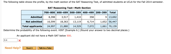 The following table shows the profile, by the math section of the SAT Reasoning Test, of admitted students at UCLA for the Fa