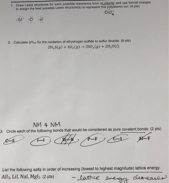 1. Draw Lewis structures for each possible resonance form of chlorite and use formal charges to assign the best possible Lewi