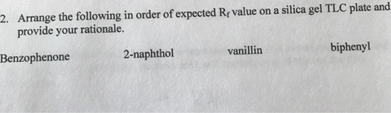 Arrange the following in order of expected Rr value on a silica gel TLC plate and provide your rationale. 2. Benzophenone 2-naphthol vanillin biphenyl