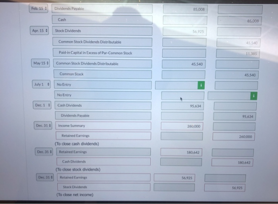 Feb. 15 Dividends Payable 85,008 Cash 85,008 Apr. 15 Stock Dividends 56,925 Common Stock Dividends Distributable 45,540 Paid-