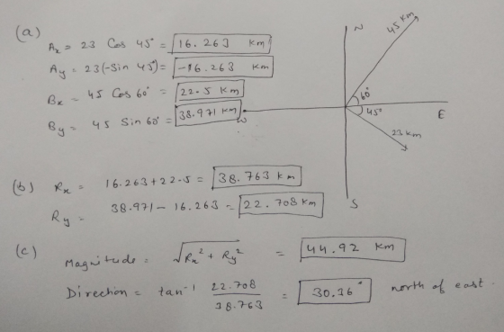 a. ㄐ A? 2.3 Cos 43.こ116. 263 Km A 3(-Sin 1643 23 km 16. 2 63 + 2 2-5: 38.763 km 38.97,- )6.263 ../22. 708 km 6) k , Direc hon. tan. ¡ 2.708 ー ニ/ 30,16 8.763