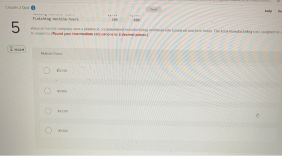 . Chapter 2 Quiz Help Sa Finishing machine-hours 400 669 5 Assume that the company uses a plantwide predetermined manufacturi