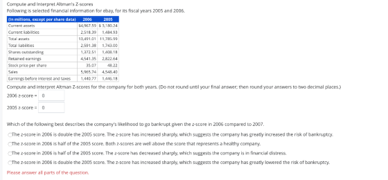 Compute and Interpret Altmans Z-scores Following is selected financial information for ebay, for its fiscal years 2005 and 2