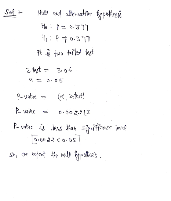 Solt Null and alternative hypothesis Ho: P = 0.377 Hi : P 0.377 at is two failed test z-test = 3.06 a = 0.05 Pavalue - (@; zī