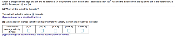A rock is dropped off the edge of a cliff and its distance s (in feet) from the top of the cliff after t seconds is s(t) = 16