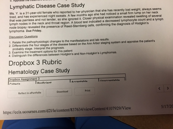 5. Appraise heuea Lymphatic Disease Case Study Ms. Y. is a 31-year-old female who reported to her physician that she has rece