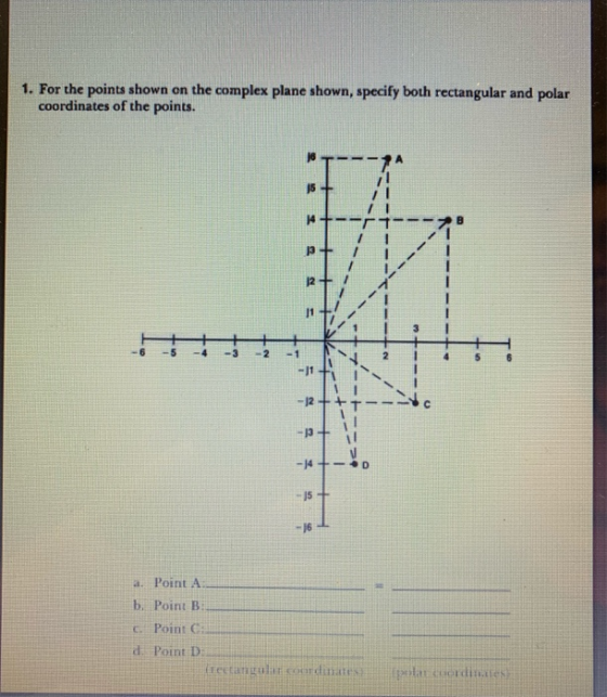 1. For the points shown on the complex plane shown, specify both rectangular and polar coordinates of the points. 15 14 - 13