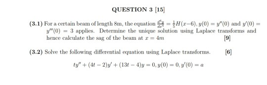 QUESTION 3 (15) (3.1) For a certain beam of length 8m, the equation = {H(1-6). y(0) = () and y(0) = y(0) = 3 applies. Deter