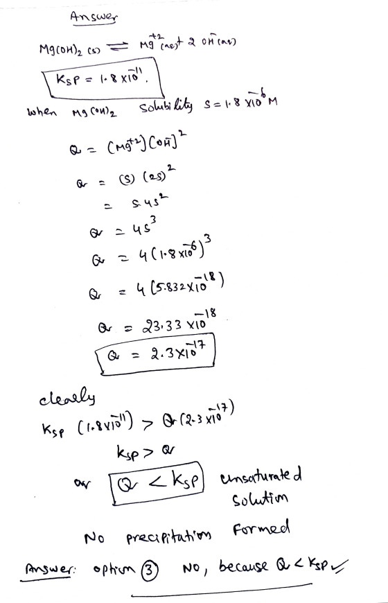 Answer Mg(OH)₂ (6) - Mg inest a orica) Ksp = 18XION -6 Mg con, Solubility S=18 xloºm when P (mgt2) Con] (S) (es)? s.us? 453