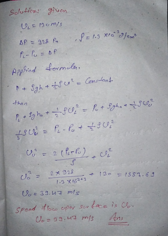 Solution given U = 13omis S = 1.3 x10 glem AP = 928 Pa PL-Po = op Applied formale, gh & 1 6 6² = Constant thon L sgh+PU, P+ P