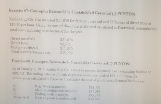 Exercise #7: Conceptos Básicos de la Contabilidad Gerencial ( 5 PUNTOS) Kudos Cup Co. also incurred $11,050 for factory overh