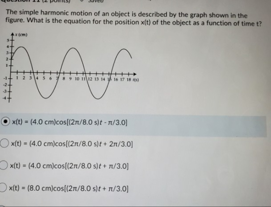 The simple harmonic motion of an object is described by the graph shown in the figure. What is the equation for the position