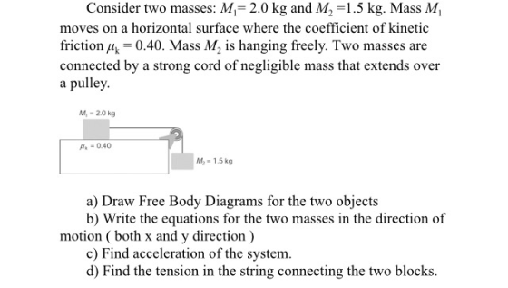Consider two masses: M = 2.0 kg and M2 =1.5 kg. Mass M moves on a horizontal surface where the coefficient of kinetic frictio