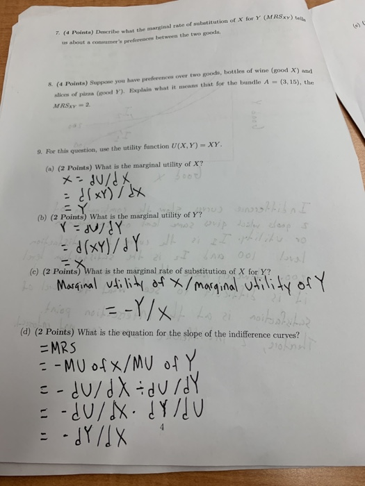 for (ARSxy) te (Points) Describe what the marginal rate of substitution of about a consumers preference between the two goods