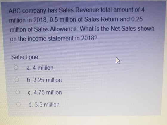 ABC company has Sales Revenue total amount of 4 million in 2018, 0.5 million of Sales Return and 0.25 million of Sales Allowa