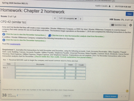 Spring 2020 Section 902 (1) Kaitlin Cavallo & I 01/17/20 9:38 AM Save Homework: Chapter 2 homework Score: 0 of 1 pt 1 of 1 (0