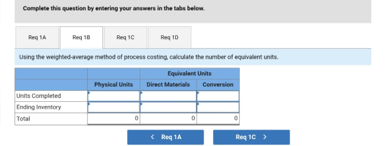 Complete this question by entering your answers in the tabs below. Req 1A Req 1B Req 1C Req 1D Using the weighted average met