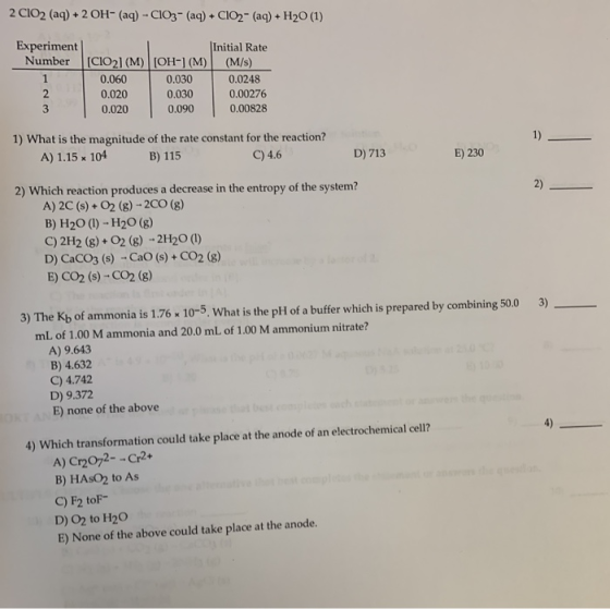 2 CIO2 (aq) + 2 OH- (aq) - CIO3- (aq) + CO2- (aq) + H20 (1) Experiment Number Initial Rate (CIO2(M) [OH-] (M) (M/s) 0.060 0.0