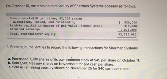 On October 10, the stockholders equity of Sherman Systems appears as follows. Common stock-$10 par value, 92,000 shares auth