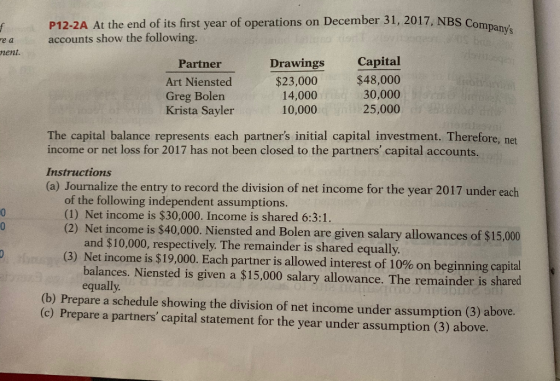 7. NBS Companys P12-2A At the end of its first year of operations on December 31, 2017, NBS Co accounts show the following.