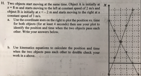 H. Two objects start moving at the same time. Object A is initially at x x = 8 m and starts moving to the left at constant speed of 2 m/s and object B is initially at x2 m and starts moving to the right at a 1-1-1- constant speed of 3 m/s. Use the coordinate axes on the right to plot the position vs. time for both objects (for at least 4 seconds) then use your plot to identify the position and time when the two objects pass each a. other. Write your answers below. b. Use kinematics equations to calculate the position and time when the two objects pass each other to double check your work in a above.